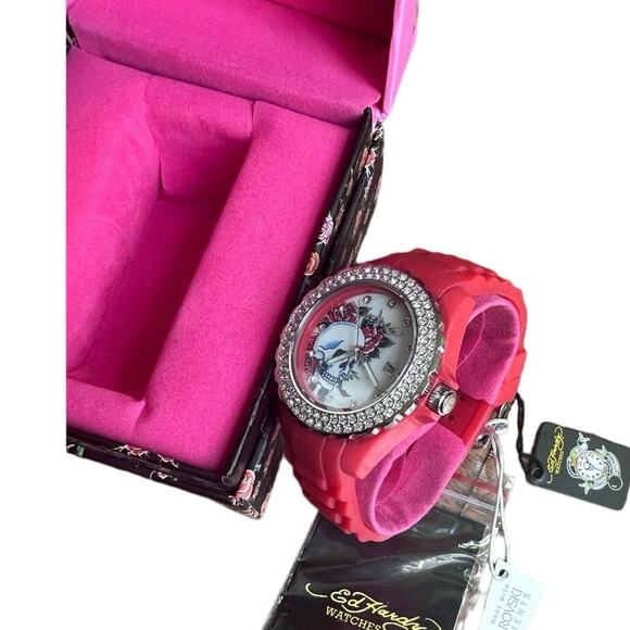 NIB Ed Hardy Love Kills Slowly Watch Swarovski Crystals & Red Pink Band Y2K - Picture 13 of 14